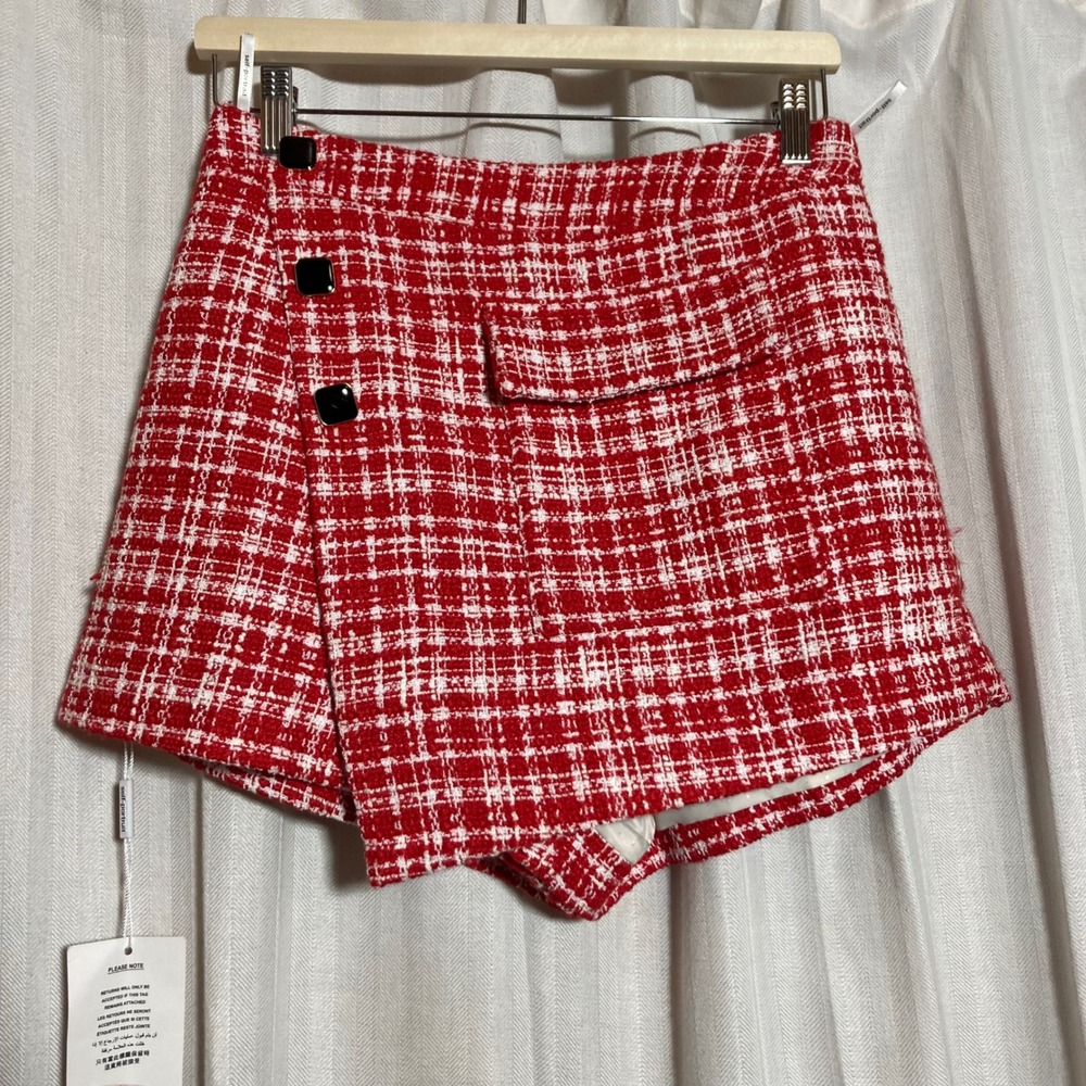 Self-Portrait Red Boucle Skort SS22-094 Tweed Wrap Mini Skirt US 6 NEW